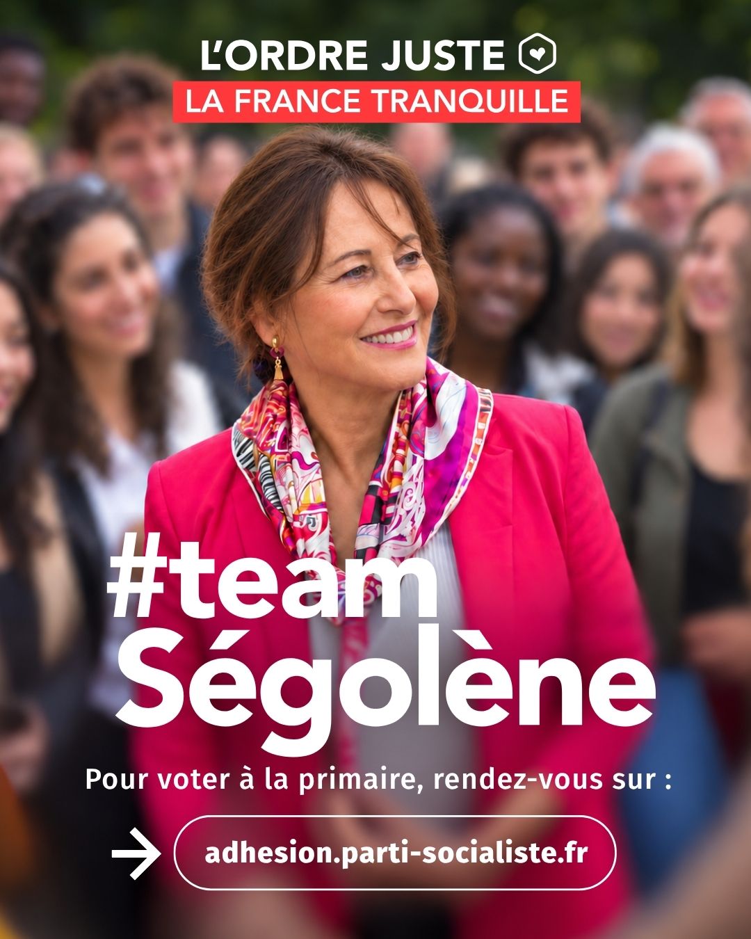Visuel de soutien à Ségolène Royal, « team Ségolène », avec le lien vers la plateforme de la primaire.